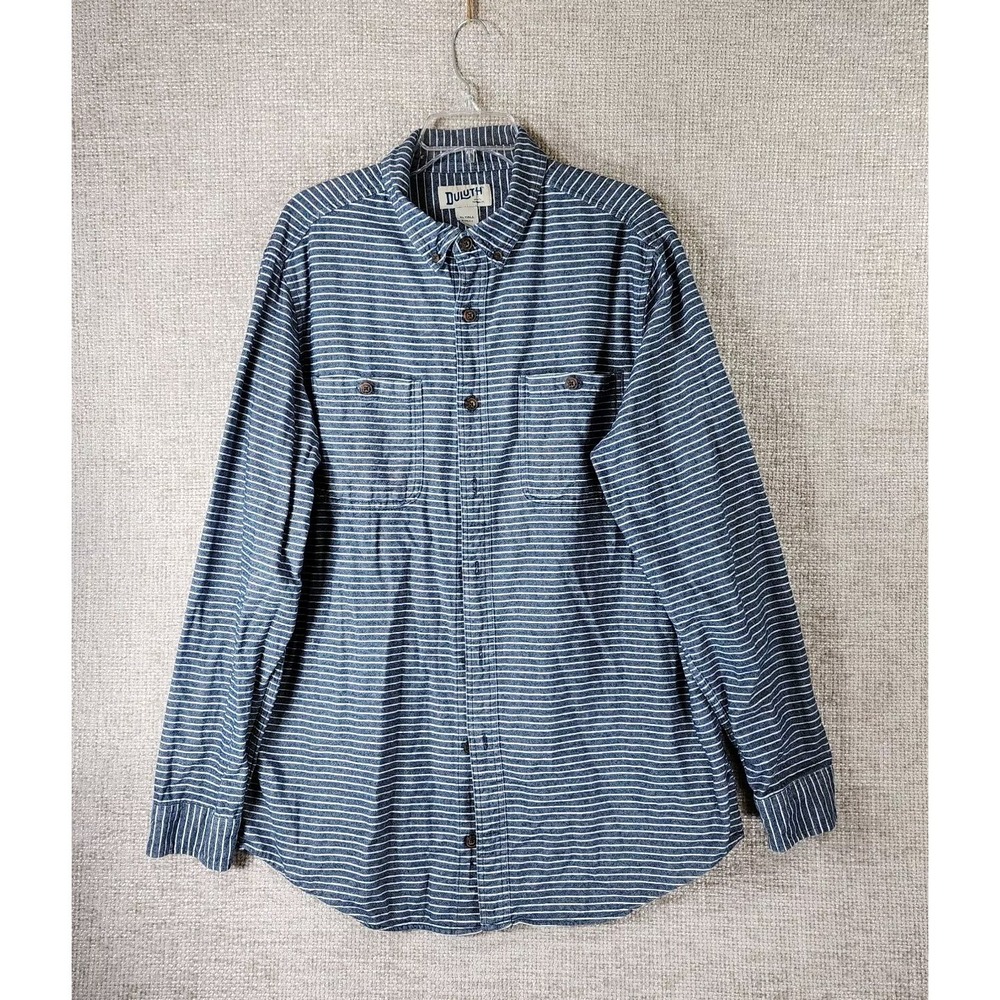 Duluth Trading Free Swingin Button Shirt‎ Mens XLTall Blue Denim Stripe Slim Fit